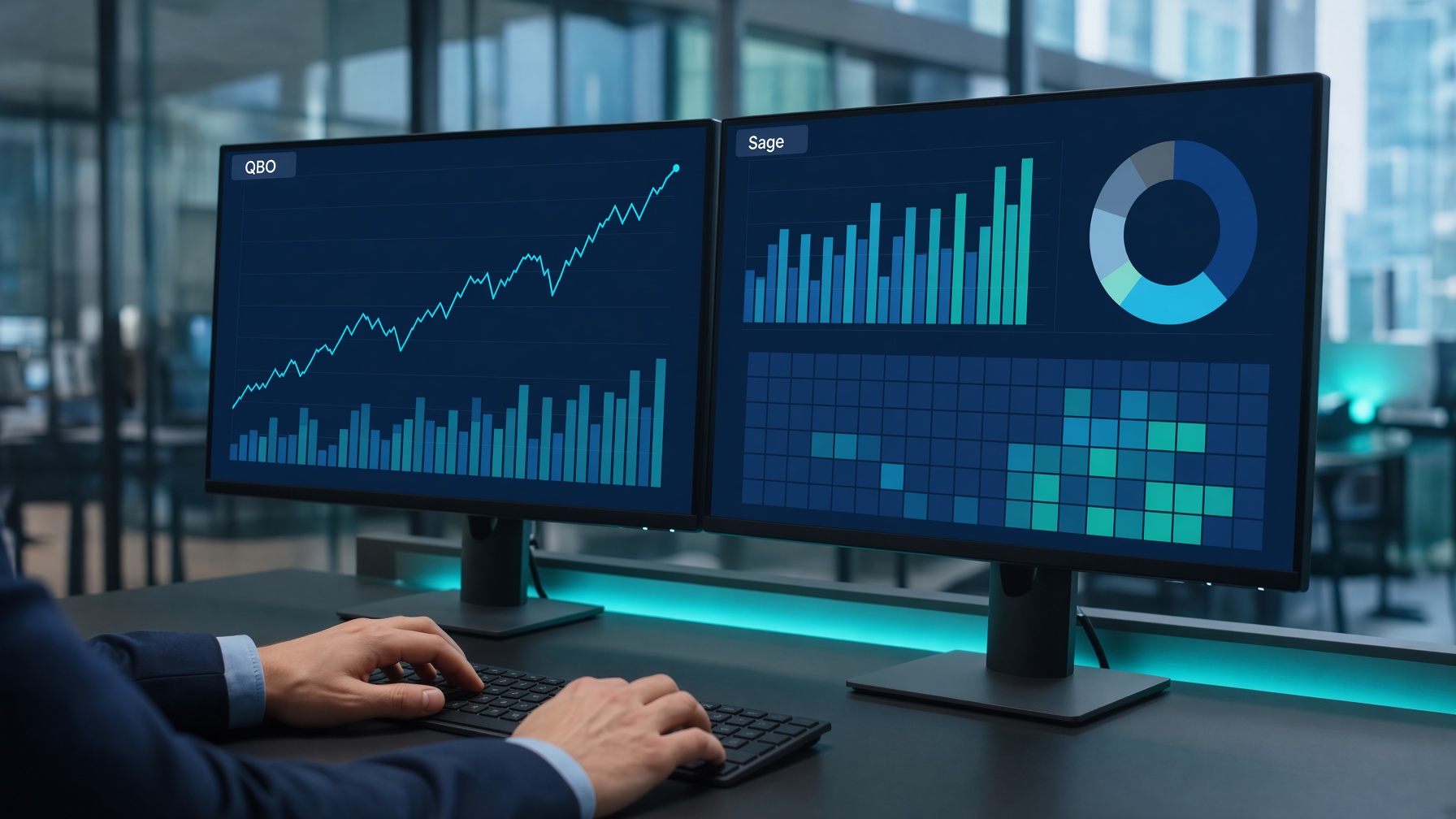 Cloud accounting workspace with live financial dashboards